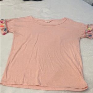 BiBi Light Pink Tee with Multicolor Ruffle Sleeves Sz small